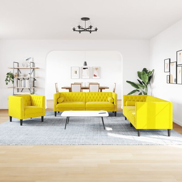 3 részes sárga bársony Chesterfield kanapészett hengerpárnákkal