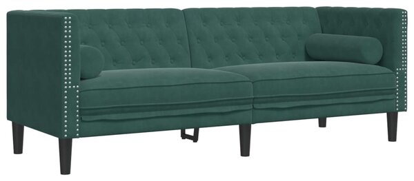 2 részes sötétzöld bársony Chesterfield kanapészett párnákkal