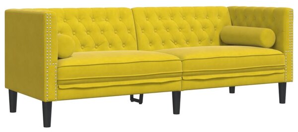 3 részes sárga bársony Chesterfield kanapészett hengerpárnákkal