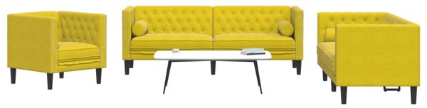 3 részes sárga bársony Chesterfield kanapészett hengerpárnákkal