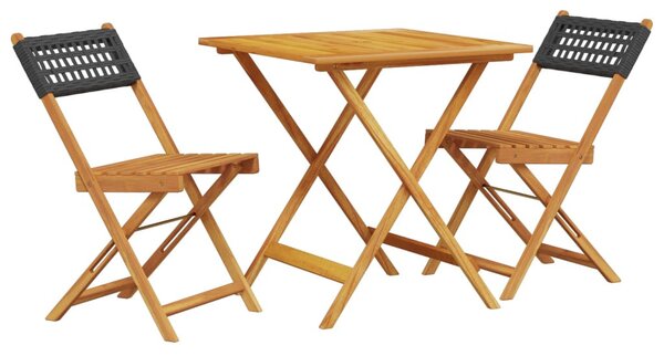 3 részes fekete polyrattan és tömör fa bisztrószett