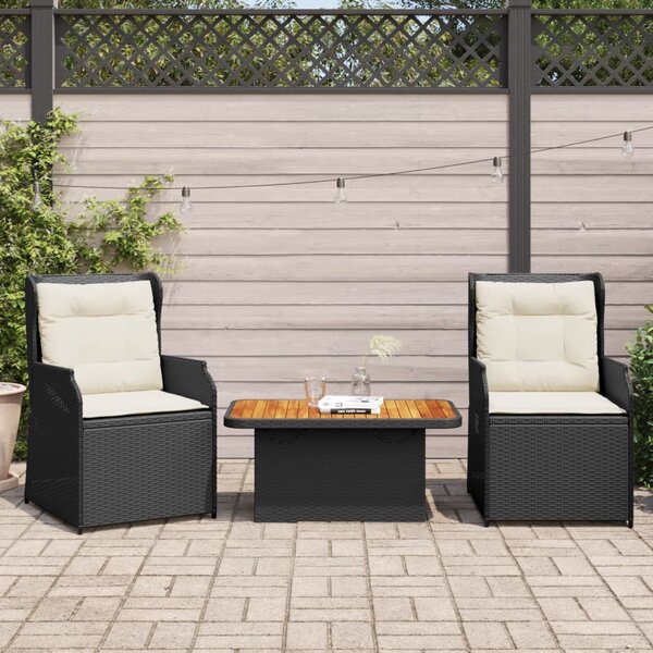 3 részes fekete polyrattan kerti ülőgarnitúra párnákkal