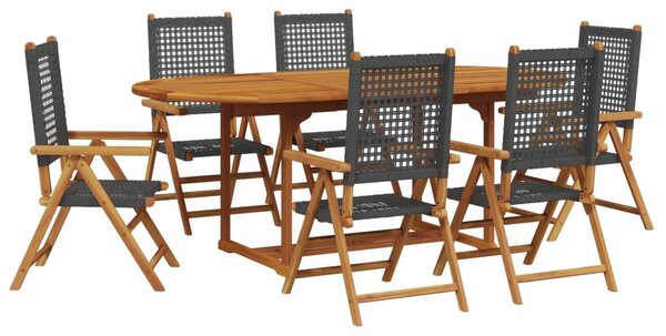 7 részes fekete polyrattan és tömör fa kerti étkezőgarnitúra
