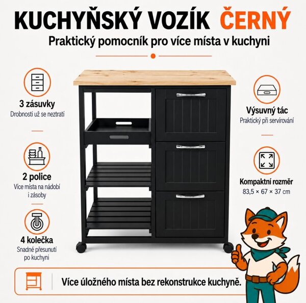 Konyhai kocsi kerekeken fiókokkal fekete