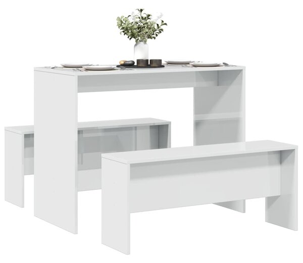 3 részes magasfényű szerelt fa étkezőasztal és pad szett