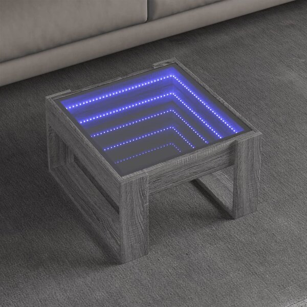 Szürke sonoma végtelen hatású LED-es dohányzóasztal 50x53x30 cm
