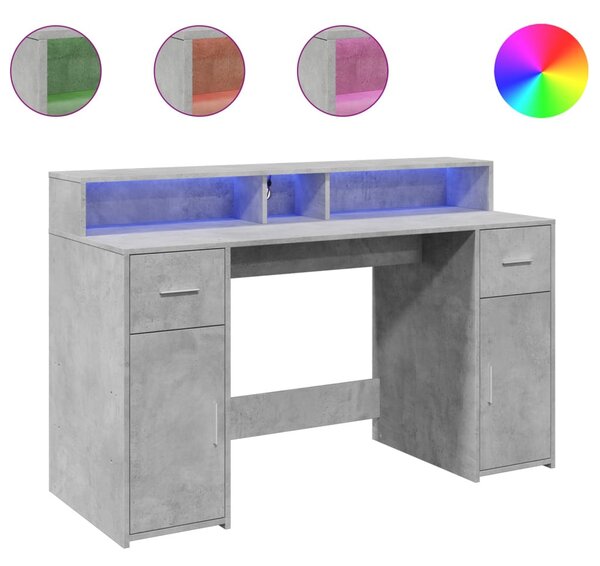 Betonszürke szerelt fa íróasztal LED-világítással 140x55x91 cm