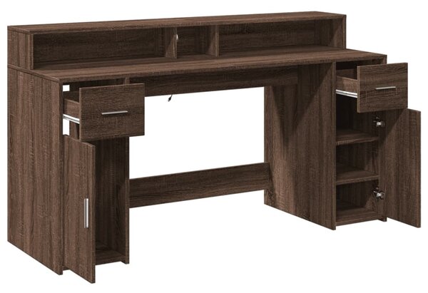 Barna tölgy színű szerelt fa íróasztal LED-ekkel 160x55x91 cm