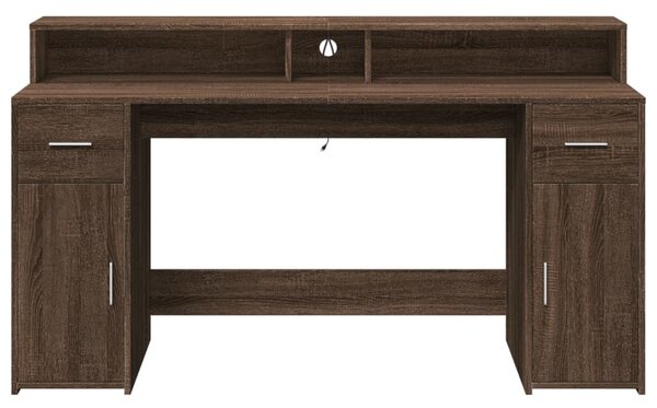 Barna tölgy színű szerelt fa íróasztal LED-ekkel 160x55x91 cm