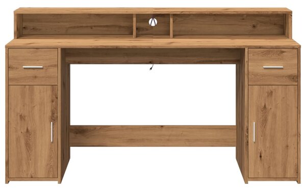 Kézműves tölgy színű szerelt fa LED-es íróasztal 160x55x91 cm