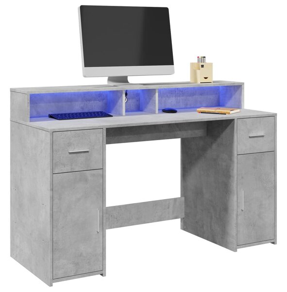 Betonszürke szerelt fa íróasztal LED-világítással 140x55x91 cm