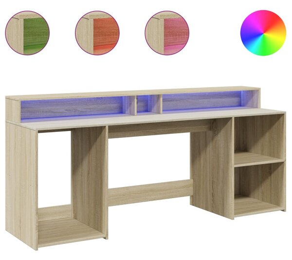 Sonoma tölgy színű szerelt fa íróasztal LED-ekkel 200x55x91 cm