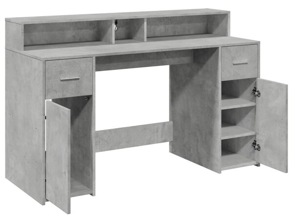 Betonszürke szerelt fa íróasztal LED-világítással 140x55x91 cm