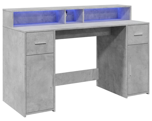 Betonszürke szerelt fa íróasztal LED-világítással 140x55x91 cm