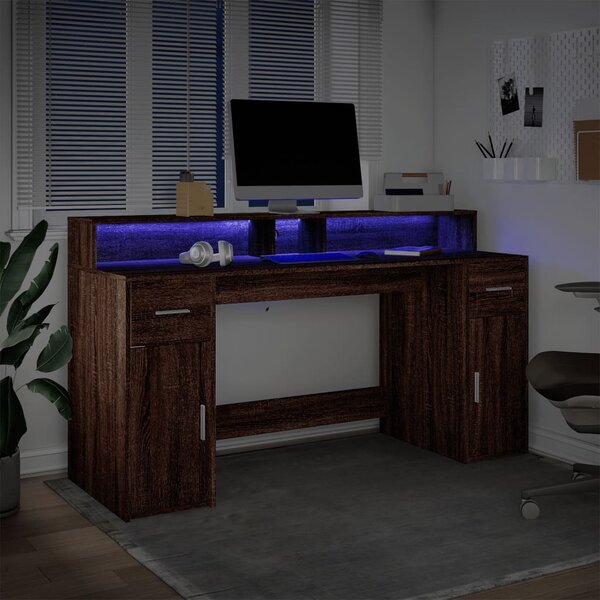 Barna tölgy színű szerelt fa íróasztal LED-ekkel 160x55x91 cm