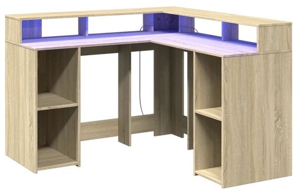 Sonoma tölgy színű szerelt fa íróasztal LED-ekkel 130x130x91 cm