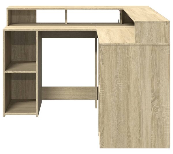 Sonoma tölgy színű szerelt fa íróasztal LED-ekkel 130x130x91 cm