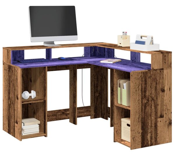 Antik fa színű szerelt fa íróasztal LED-ekkel 130 x 130 x 91 cm