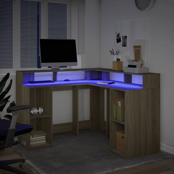 Sonoma tölgy színű szerelt fa íróasztal LED-ekkel 130x130x91 cm