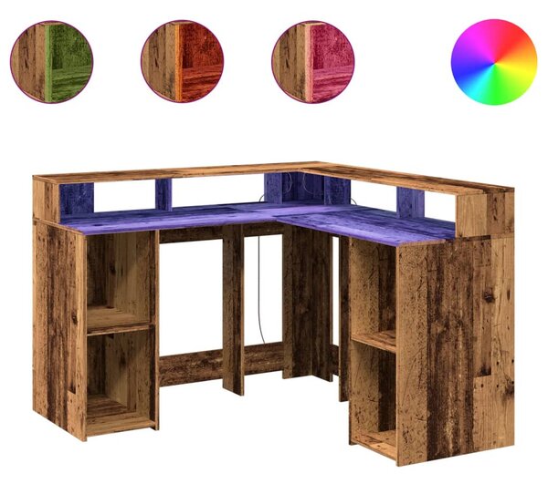 Antik fa színű szerelt fa íróasztal LED-ekkel 130 x 130 x 91 cm