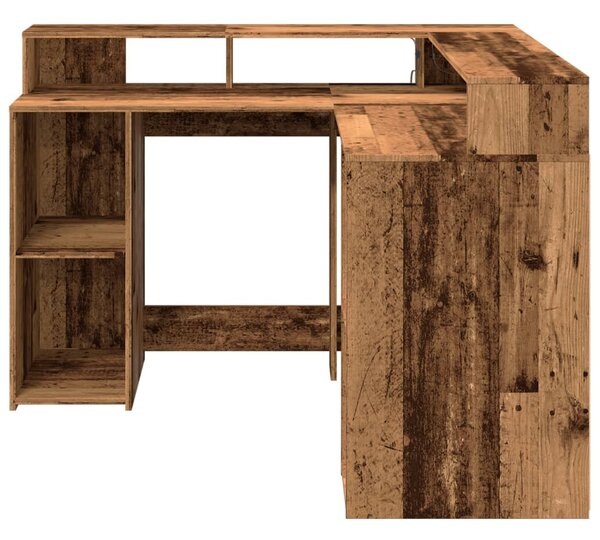 Antik fa színű szerelt fa íróasztal LED-ekkel 130 x 130 x 91 cm