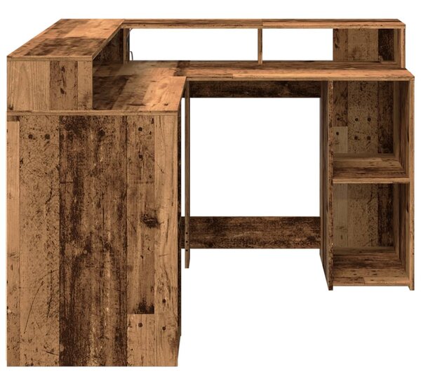 Antik fa színű szerelt fa íróasztal LED-ekkel 130 x 130 x 91 cm