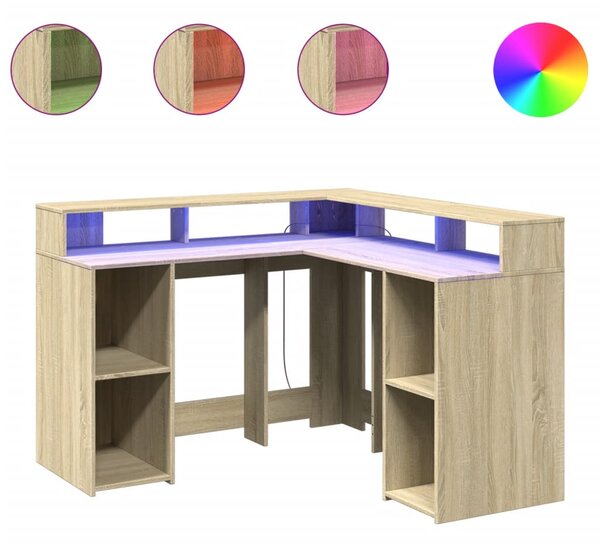 Sonoma tölgy színű szerelt fa íróasztal LED-ekkel 130x130x91 cm