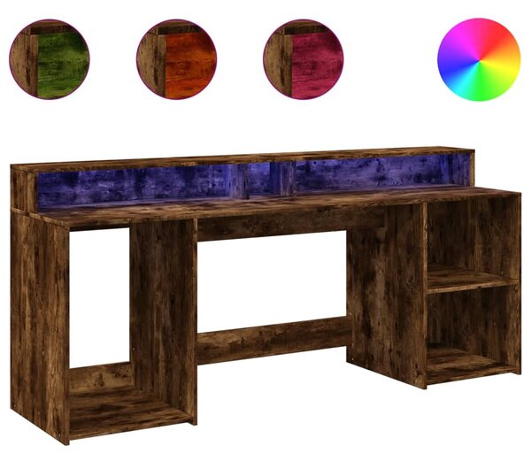 Füstös tölgy színű szerelt fa íróasztal LED-ekkel 200x55x91 cm
