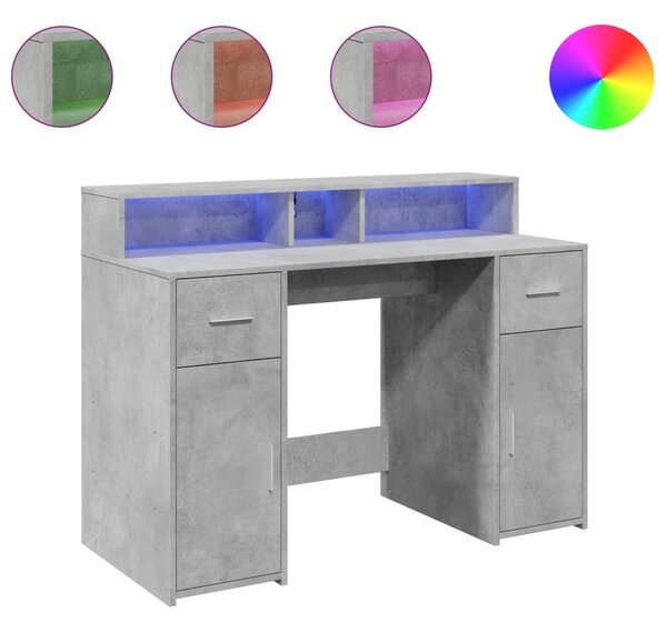 Betonszürke szerelt fa íróasztal LED-világítással 120x55x91 cm