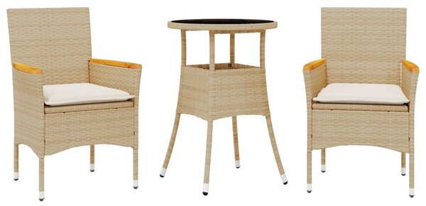 3 részes bézs polyrattan/üveg kerti étkezőgarnitúra párnákkal