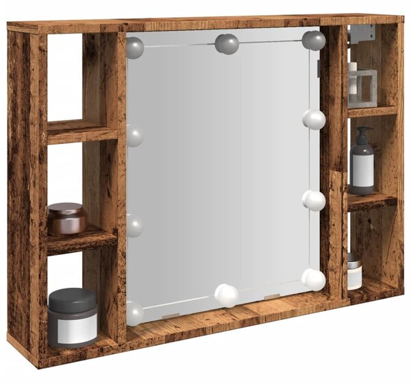 Antik fa színű szerelt fa tükrös szekrény LED-ekkel 76x15x55 cm