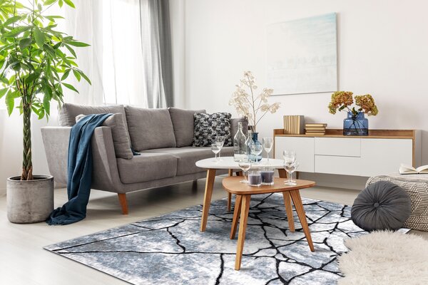 Modern COZY szőnyeg 8873 Cracks, repedt beton - Structural két szintű gyapjú világos szürke / kék