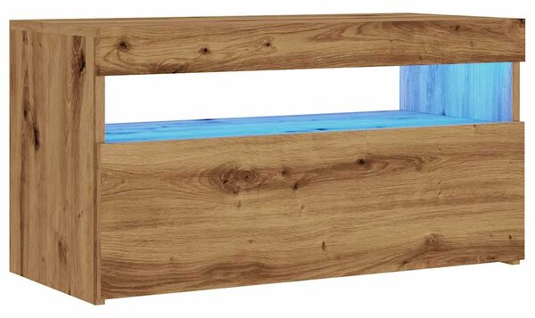 Kézműves tölgy szerelt fa TV-szekrény LED-ekkel 75x35x40 cm