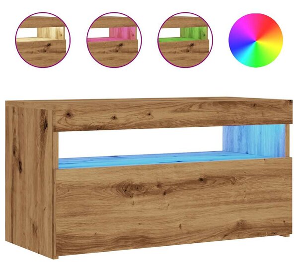 Kézműves tölgy szerelt fa TV-szekrény LED-ekkel 75x35x40 cm