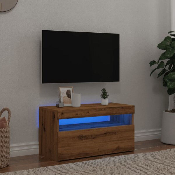 Kézműves tölgy szerelt fa TV-szekrény LED-ekkel 75x35x40 cm