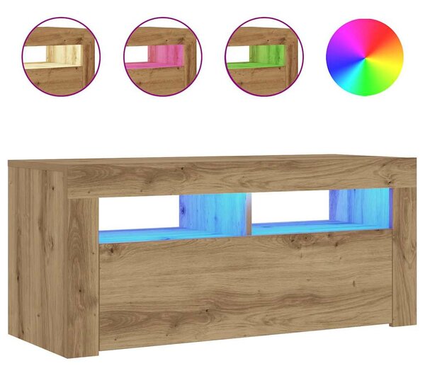 Kézműves tölgy szerelt fa TV-szekrény LED-ekkel 90x35x40 cm
