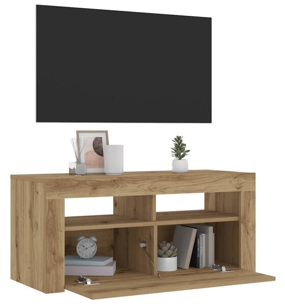 Kézműves tölgy szerelt fa TV-szekrény LED-ekkel 90x35x40 cm