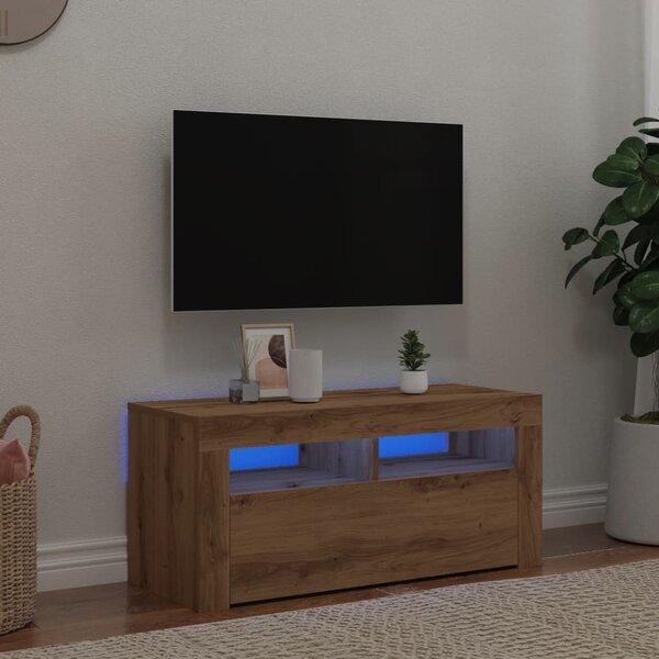 Kézműves tölgy szerelt fa TV-szekrény LED-ekkel 90x35x40 cm