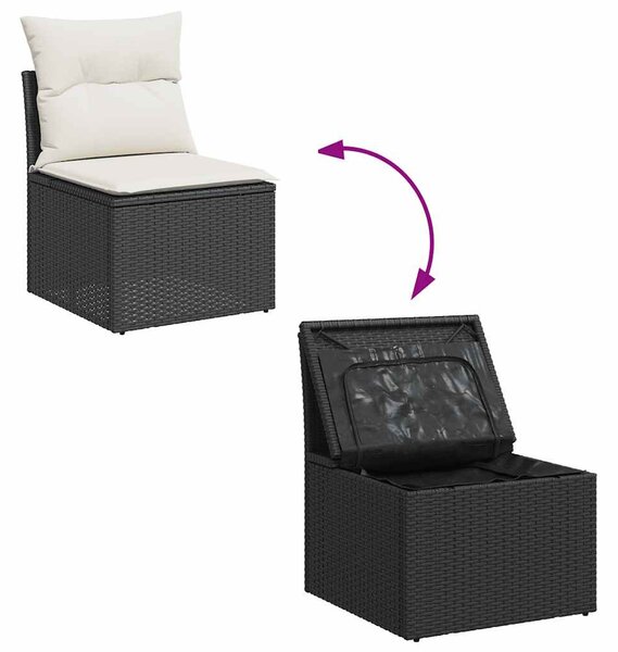 6 részes fekete polyrattan akácfa kerti ülőgarnitúra párnákkal