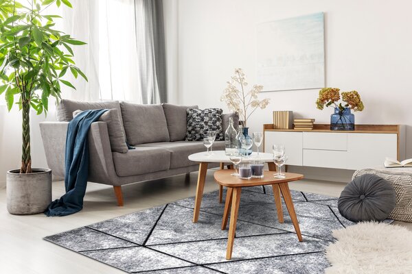 Modern COZY szőnyeg 8872 Wall, Geometriai, háromszögek - Structural két szintű gyapjú szürke / kék