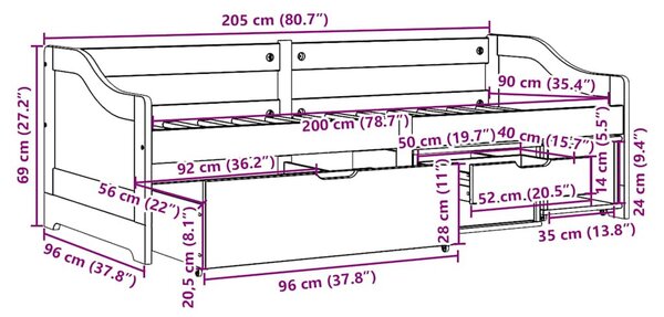 Napozóágy 3 fiókkal matrac nélkül IRUN Fehér&Rózsaszín 90x200cm