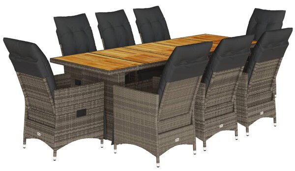 9 részes szürke polyrattan kerti bisztrógarnitúra párnákkal