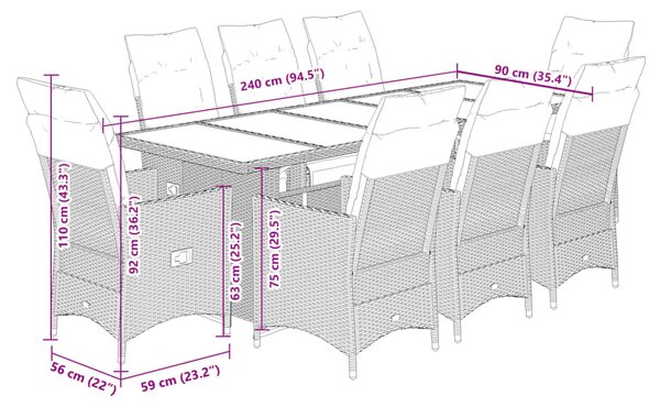 9 részes szürke polyrattan kerti bisztrógarnitúra párnákkal