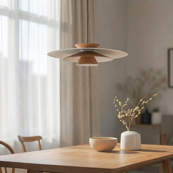 Lucande LED-es függőlámpa Livie, bézs, alumínium, Ø 50 cm, dimmelhető, Krém / borostyánsárga, Nappali / Étkező, Modern