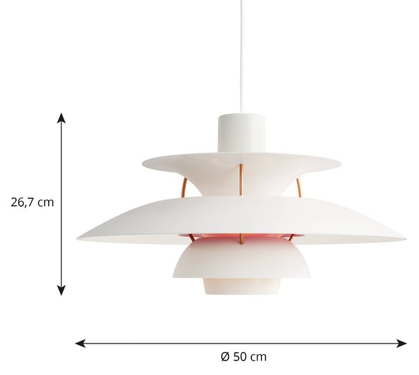 Louis Poulsen PH 5 500 lógó világítás, fehér, Ø 50 cm, dimmelhető, Fehér / opál, Nappali / Étkező, Alumínium, Dizájn