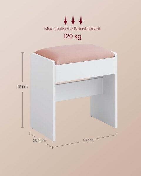 VASAGLE RDS001W01 Fésülködőasztal Ülőke Bársony Párnázott Fehér-Rózsaszín
