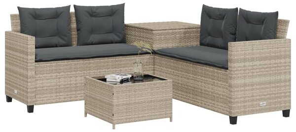 L-alakú szürke polyrattan kerti kanapé asztallal és párnákkal