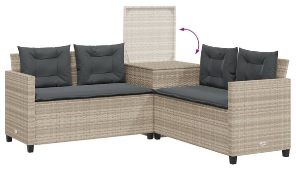 L-alakú szürke polyrattan kerti kanapé asztallal és párnákkal