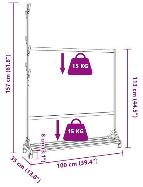 Ruhatartó állvány kampókkal kerekekkel 100x35x157 cm bambuszból