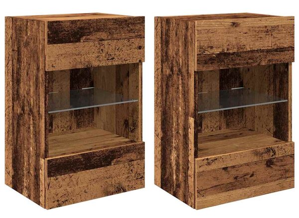 2 db antik fa fali szekrények LED világítással TV-hez 40x30x60,5 cm